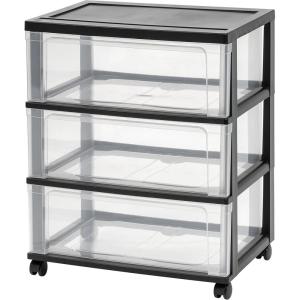 imageIRIS USA Plastic Drawer Storage Organizer Rolling Cart with Wheels Casters 3Drawers for Art Craft Supplies Bathroom Dorm Bedroom Laundry Room Wide BlackBlack