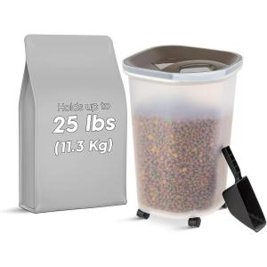 imageIRIS USA 25Lb30Qt WeatherPro Airtight Pet Food Storage Container with Scoop and Casters Dog Cat Bird Brown