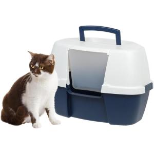 imageIRIS USA Large Corner Cat Litter Box with Lid  Enclosed Design Handle amp Buckles NavyWhite