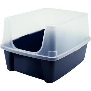 imageIRIS USA Open Top Cat Litter Tray with Scatter Shield Sturdy Easy to Clean Open Air Kitty Litter Pan with Tall Spray and Scatter Shield Navy