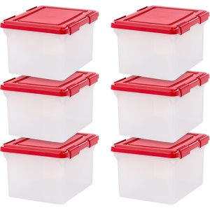 image:imageIRIS USA WeatherPro Light and Garland Holiday Decor Home Organizer with Light Reel Inserts Holiday Storage for Lights Garlands Decorations and Decorations with Seal Latching Lid 6 Pack ClearRed